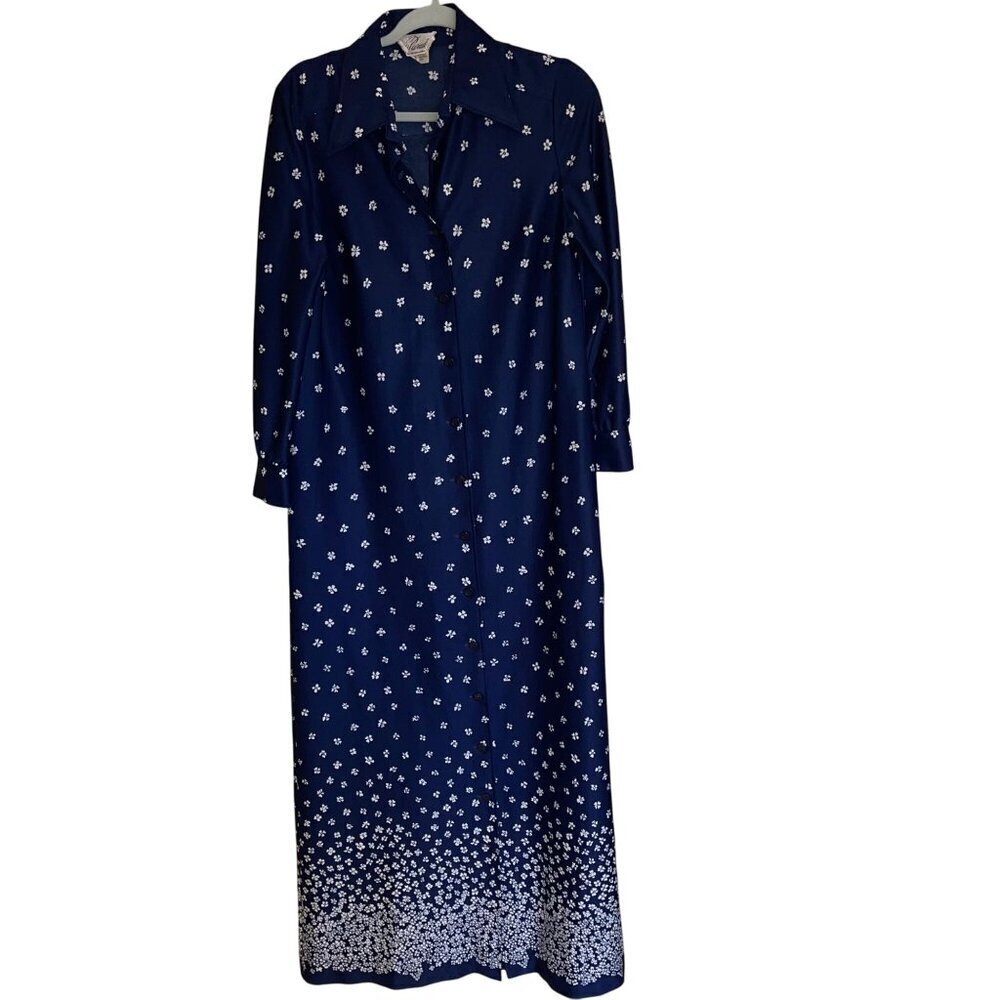 Parade Vintage 1970s Womens Shirt Dress Size Large Blue Floral Maxi Long Sleeve